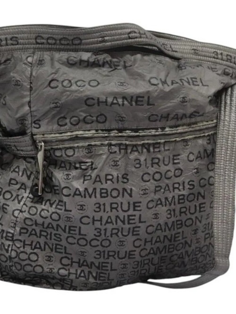 CHANEL SILKY SATINY SILVER COATED CANVAS LOGO WORDS ALL OVER COCO PARIS AS IS